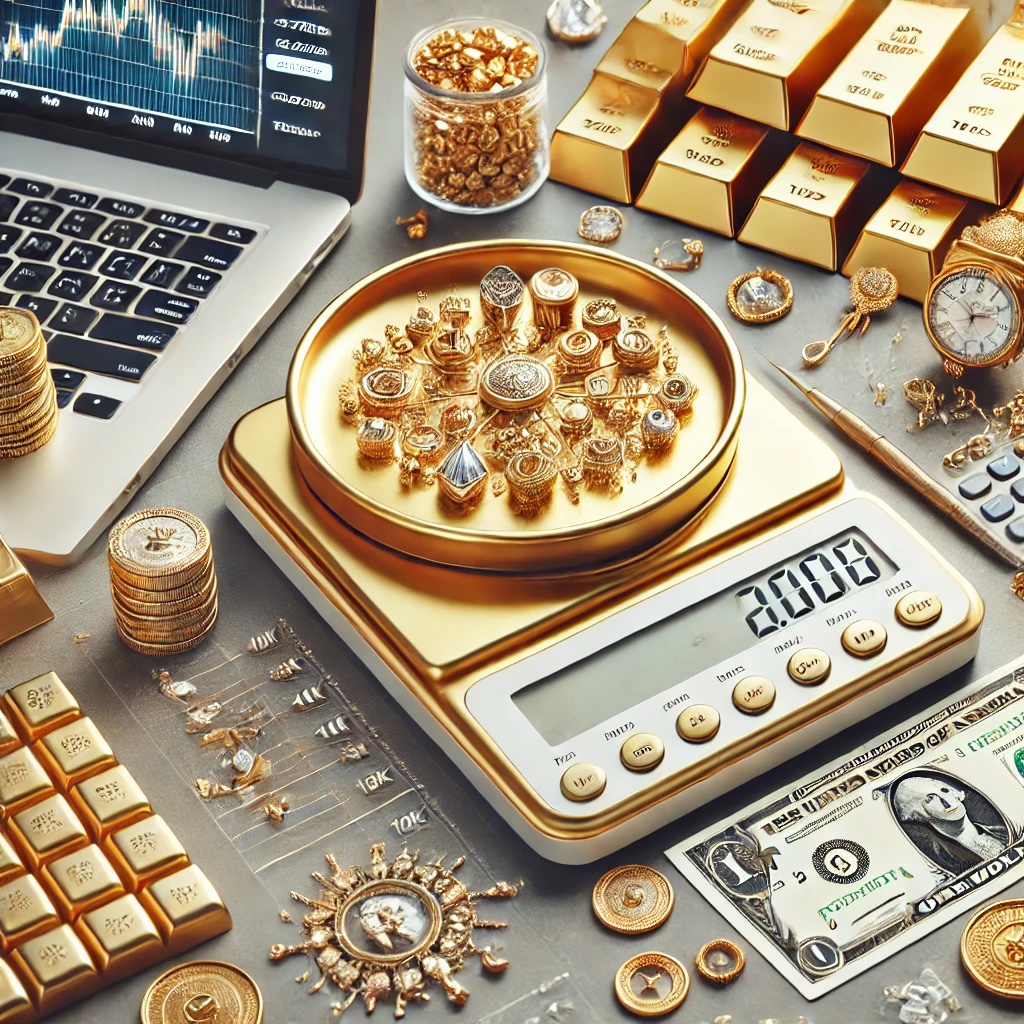 Bilancia con gioielli e monete in oro per valutazione al grammo