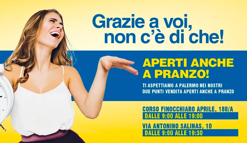 Donna sorridente con scritta Affarinoro aperti anche a pranzo