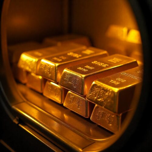Una vista ravvicinata di lingotti d'oro impilati che brillano all'interno di una cassaforte.