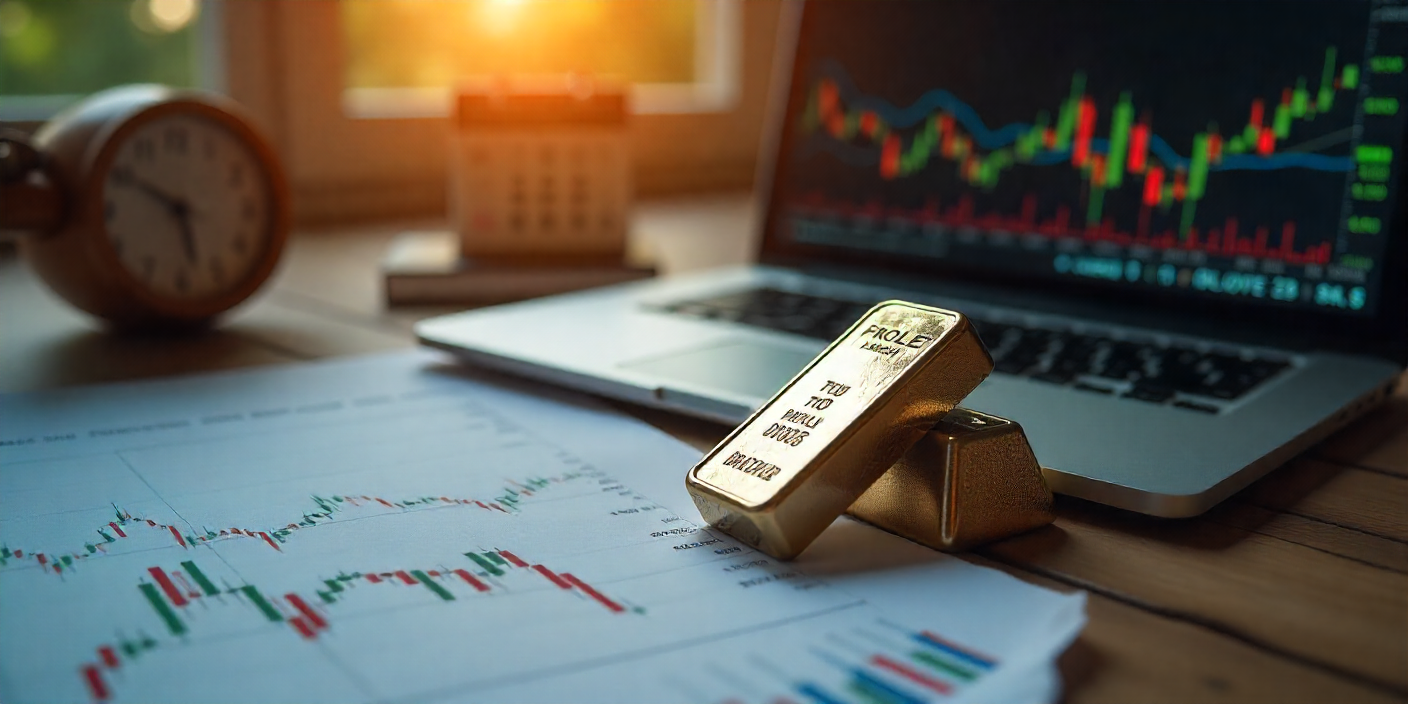 Lingotto d’oro su grafici finanziari con andamento delle quotazioni di borsa