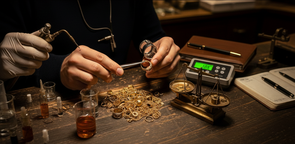 Un esperto gioielliere valuta e analizza oro usato con strumenti di precisione, bilancia e reagenti chimici, per determinarne il valore di mercato.