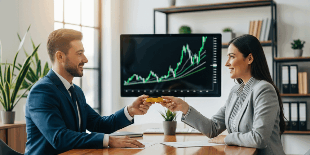Due consulenti professionali si scambiano un lingotto d’oro davanti a un grafico finanziario