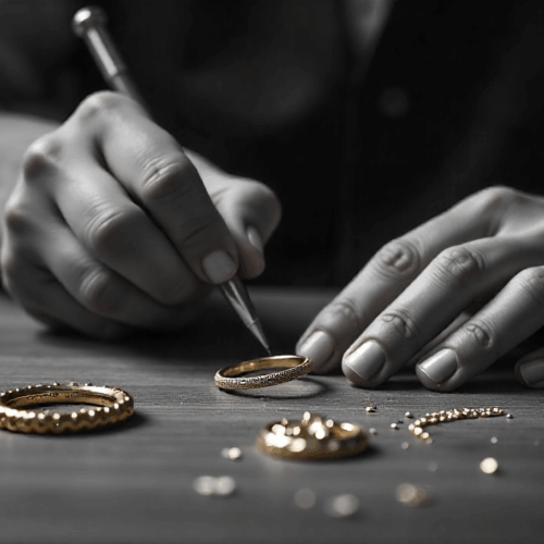 Un artigiano analizza un anello d’oro con uno strumento di precisione, su un tavolo con altri gioielli e frammenti d’oro.