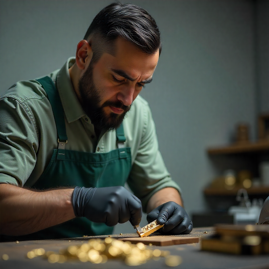 Esperto compro oro che valuta un lingotto d’oro con strumenti professionali