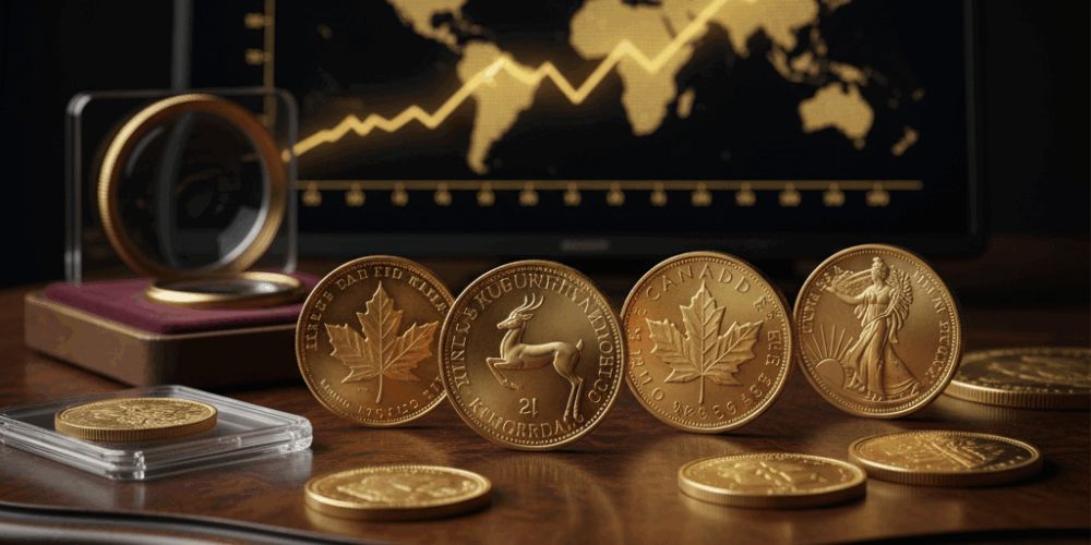 Una varietà di monete d'oro da investimento (come Maple Leaf, Krugerrand e Britannia) disposte su un tavolo di legno scuro. Sullo sfondo, uno schermo mostra una mappa del mondo e un grafico finanziario in crescita. A sinistra, una moneta d'oro è custodita in una capsula protettiva e una lente d'ingrandimento su un supporto in velluto.