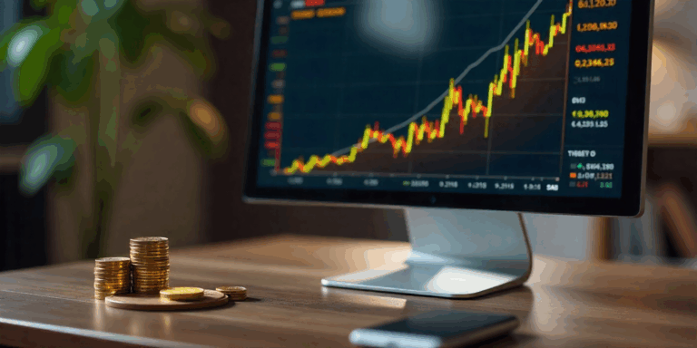 Grafico delle quotazioni dell’oro in tempo reale su un monitor, con bilancia digitale e piccoli lingotti d’oro in primo piano.