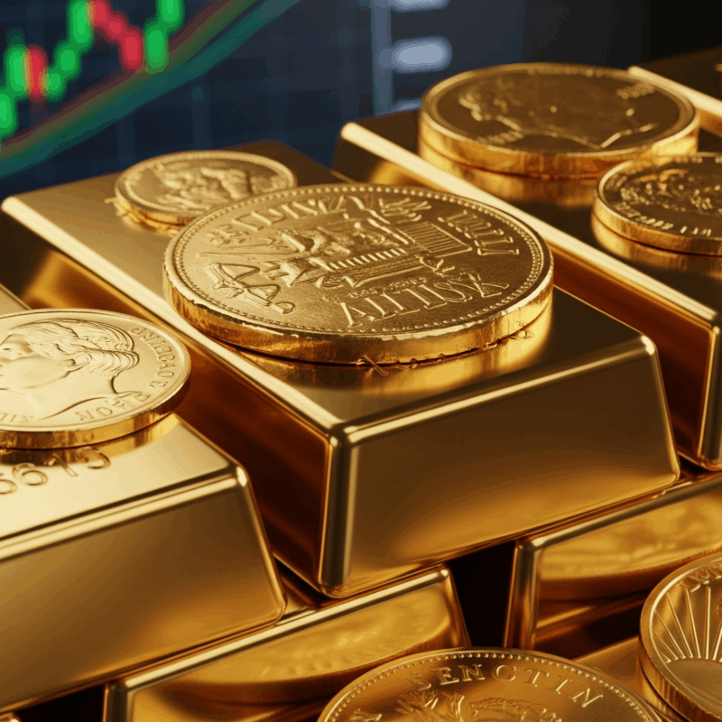 Lingotti e monete d'oro su sfondo con grafici finanziari, simbolo di investimento e mercato dell'oro.