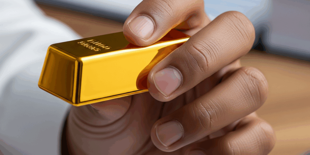 Piccolo lingotto d’oro da investimento tenuto in mano, simbolo di acquisto e riserva di valore