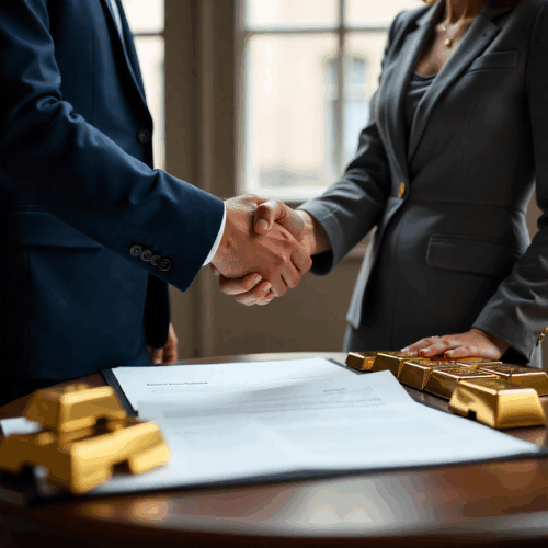 Stretta di mano tra cliente e compro oro professionale con lingotti e documenti sul tavolo, simbolo di fiducia e trasparenza