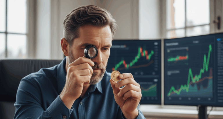 Esperto che valuta una sterlina d’oro con lente di ingrandimento davanti a grafici finanziari