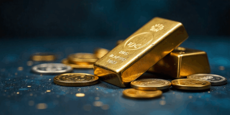 Lingotto d’oro con monete d’oro e d’argento, simbolo di investimento e vendita di metalli preziosi