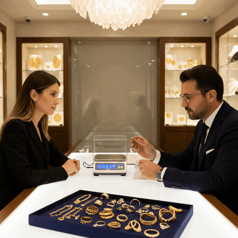 Cliente che vende oro usato in un negozio specializzato, con valutazione professionale e quotazione aggiornata al grammo.