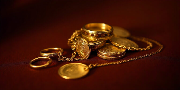 Monete e gioielli in oro disposti su superficie scura, simbolo di valore e autenticità