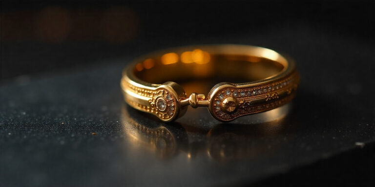 Composizione elegante di gioielli d’oro su sfondo scuro, simbolo di autenticità e valore