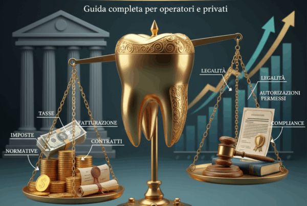 Bilancia d'oro con un dente d'oro al centro, che bilancia aspetti fiscali (pile di monete e banconote, documenti) e aspetti legali (martelletto del giudice, codice, contratto) con uno sfondo di grafico in crescita. La bilancia simboleggia l'equilibrio tra "Aspetti Fiscali e Legali per Vendere i Denti in Oro".