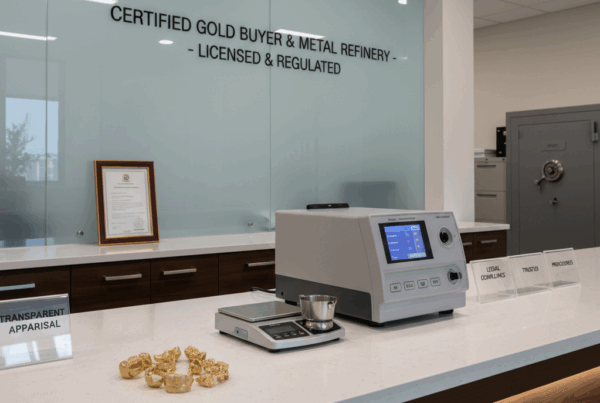 Interno moderno di un acquirente certificato di oro e raffineria di metalli, con la scritta "CERTIFIED GOLD BUYER & METAL REFINERY - LICENSED & REGULATED" sullo sfondo. In primo piano, su un bancone bianco, ci sono frammenti d'oro dentale, una bilancia di precisione e uno strumento di analisi ad alta tecnologia, con cartelli che indicano "TRANSPARENT APPRAISAL" (Valutazione Trasparente) e "LEGAL COMPLIANCE" (Conformità Legale).