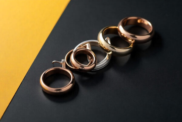 Anelli in oro giallo, bianco e rosa affiancati su sfondo scuro per mostrare le diverse tipologie di oro