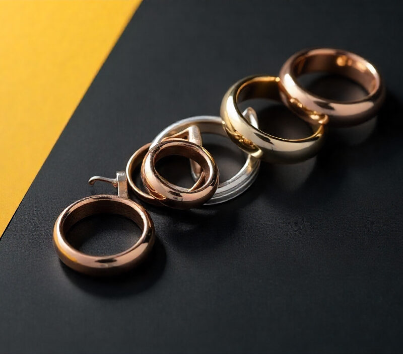 Anelli in oro giallo, bianco e rosa affiancati su sfondo scuro per mostrare le diverse tipologie di oro