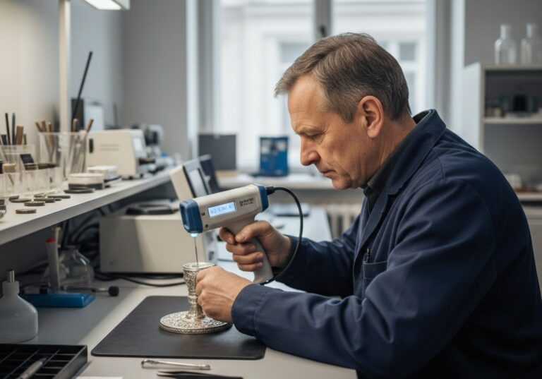 Esperto che utilizza spettrometro XRF su un oggetto in argento in ambiente professionale