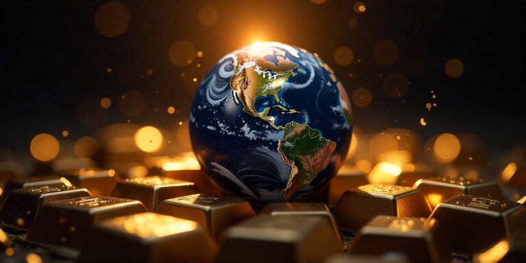 Rappresentazione realistica del pianeta Terra circondato da lingotti d’oro, simbolo della quantità totale di oro nel mondo