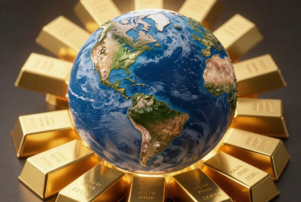 Vista stilizzata del mondo con lingotti d’oro intorno a rappresentare la quantità totale di oro presente sulla Terra