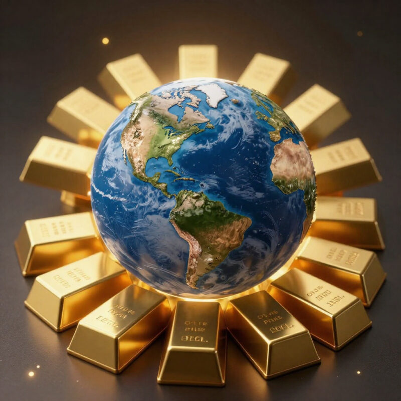 Vista stilizzata del mondo con lingotti d’oro intorno a rappresentare la quantità totale di oro presente sulla Terra