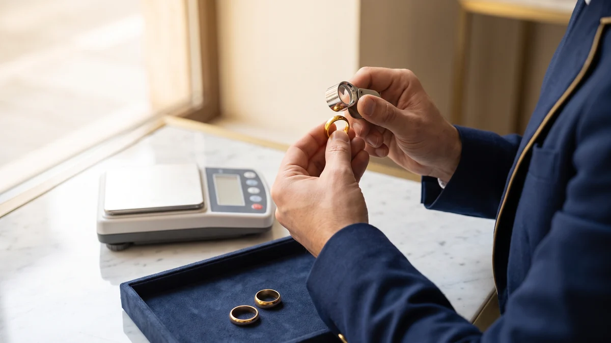 Verifica del punzone di un anello in oro 24 carati con la lente da Affarinoro