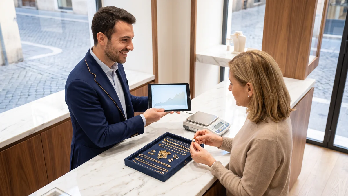 Cliente e addetta Affarinoro consultano la quotazione dell’oro al banco