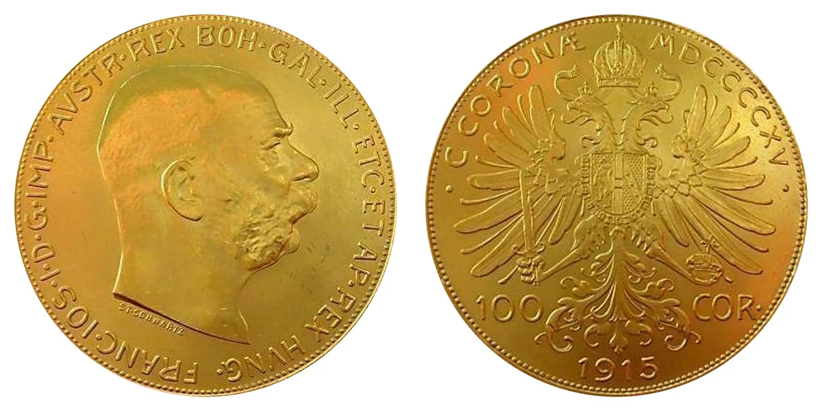 100 Corone d’Austria in oro 1915: dritto con Francesco Giuseppe I e rovescio con l’aquila bicipite