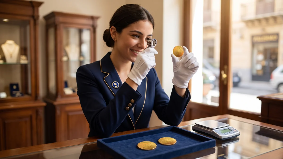 Addetta Affarinoro esamina con la lente una moneta da 100 Corone d’oro austriache
