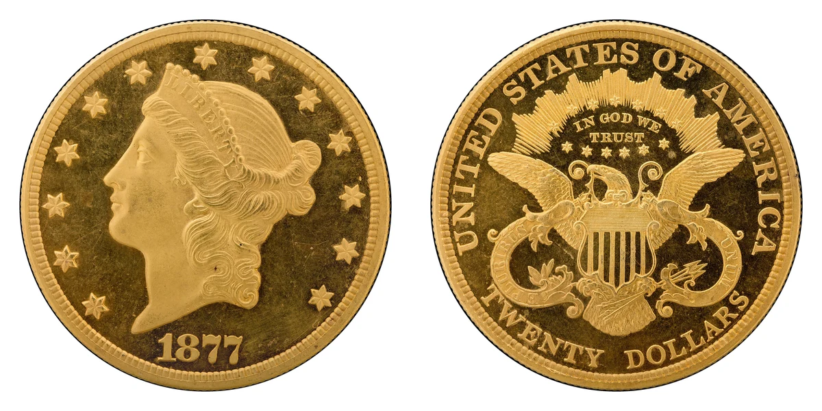 Dritto e rovescio del 20 dollari oro Liberty Head del 1877
