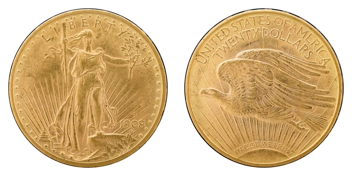 Dritto e rovescio del 20 dollari oro Saint-Gaudens del 1908