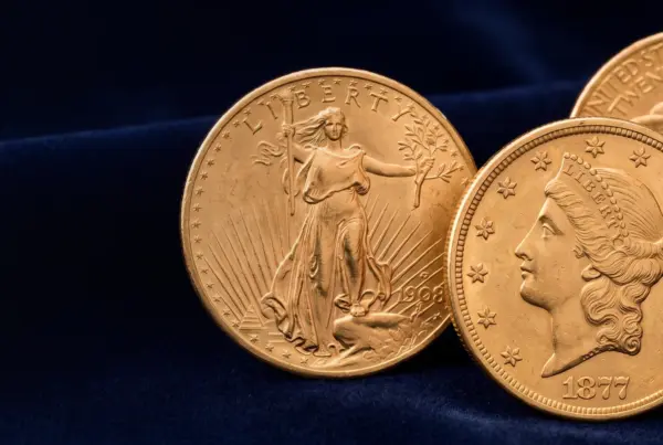 Monete da 20 dollari oro Liberty e Saint-Gaudens su velluto blu