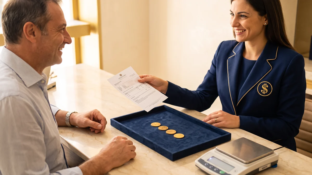 Cliente riceve la valutazione dei suoi 20 dollari oro al banco Affarinoro