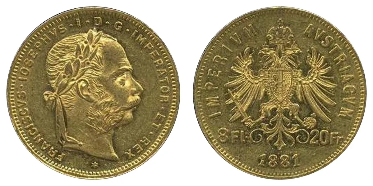 Marengo austriaco da 8 fiorini / 20 franchi 1881: dritto con Francesco Giuseppe I e rovescio con l’aquila bicipite