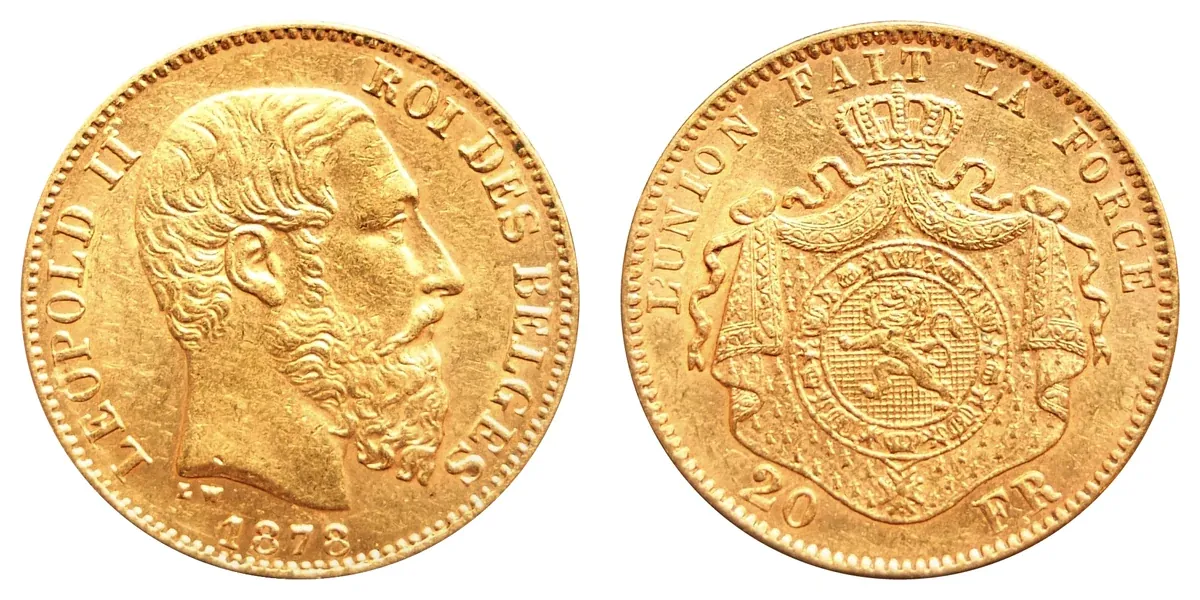 Marengo belga da 20 franchi 1878: dritto con Leopoldo II e rovescio con lo stemma del Belgio