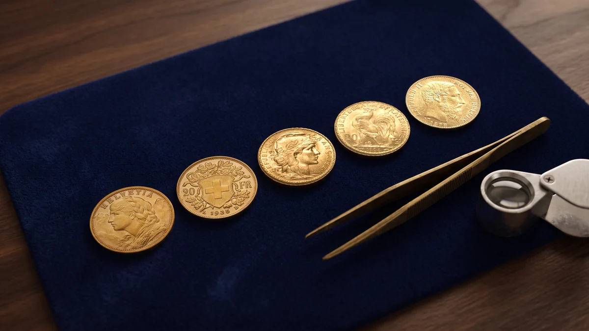 Marenghi d’oro da 20 franchi: Vreneli svizzero, Marianne e Galletto francesi, Leopoldo II del Belgio