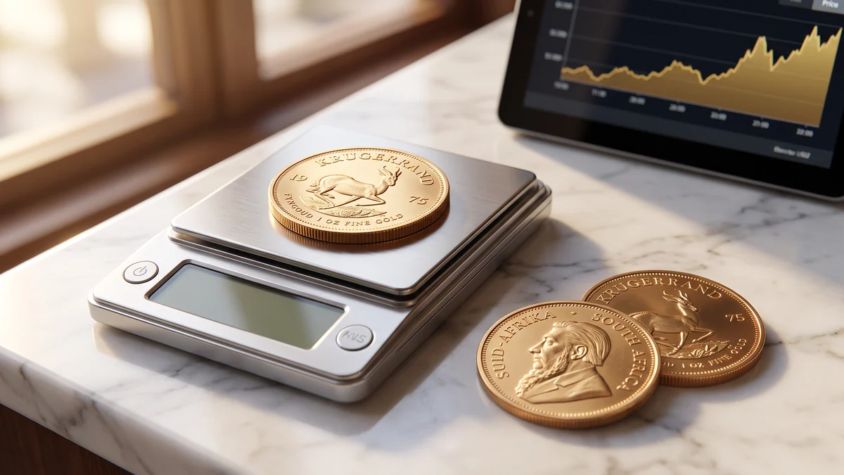 Krugerrand in oro sulla bilancia di precisione con il grafico della quotazione