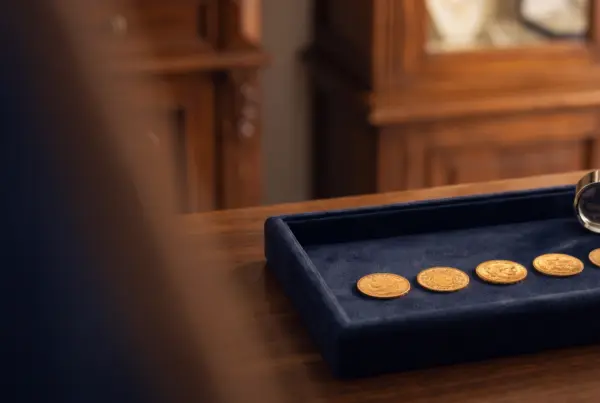 Marenghi d’oro svizzeri, francesi e belgi su un vassoio di velluto blu con lente da gioielliere