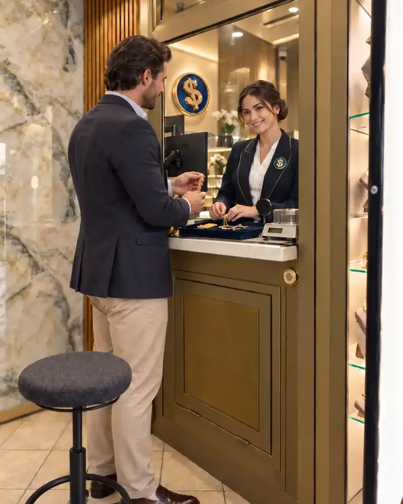 Cliente e consulente Affarinoro durante una valutazione dell'oro nella sala trattative riservata
