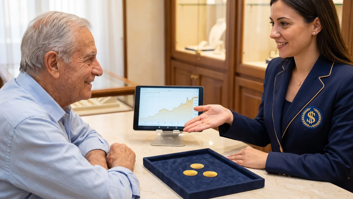 Cliente al banco Affarinoro durante la valutazione di 100 Corone d’oro austriache